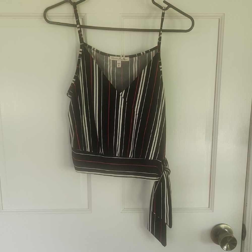 Express Black and White Striped Tank with Red Accents